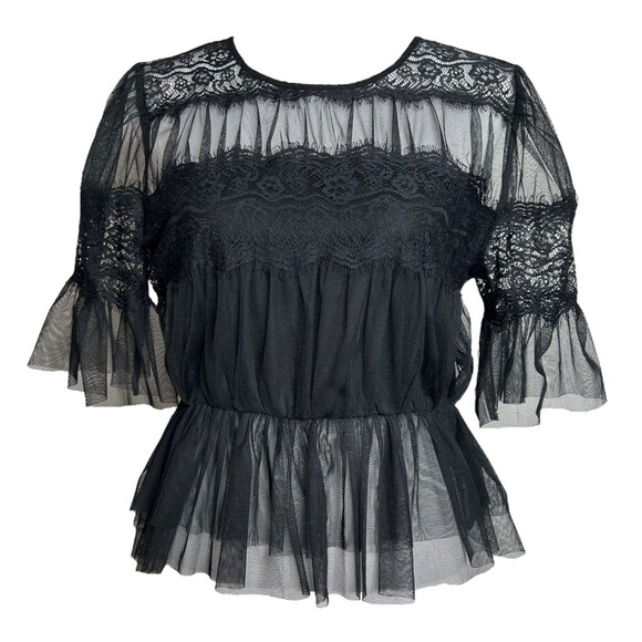 Forever 21 Top L Black Sheer Lace Mesh Ruched Whimsigoth Victorian Gothic Blouse - Picture 3 of 11